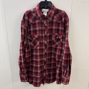 Wrangler Wrancher Flannel Shirt Size XLT Red Plaid Pearl Snap Western Cowboy Vtg